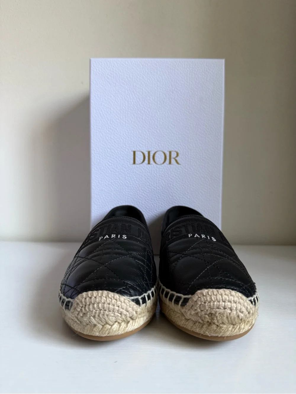 NIB Dior Granville Black Cannage Quilted Leather Espadrilles Logo Band
